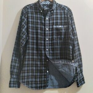Canterbury Of New Zealand Men’s Black Blue Plaid Button-Down Shirt Large Gingham